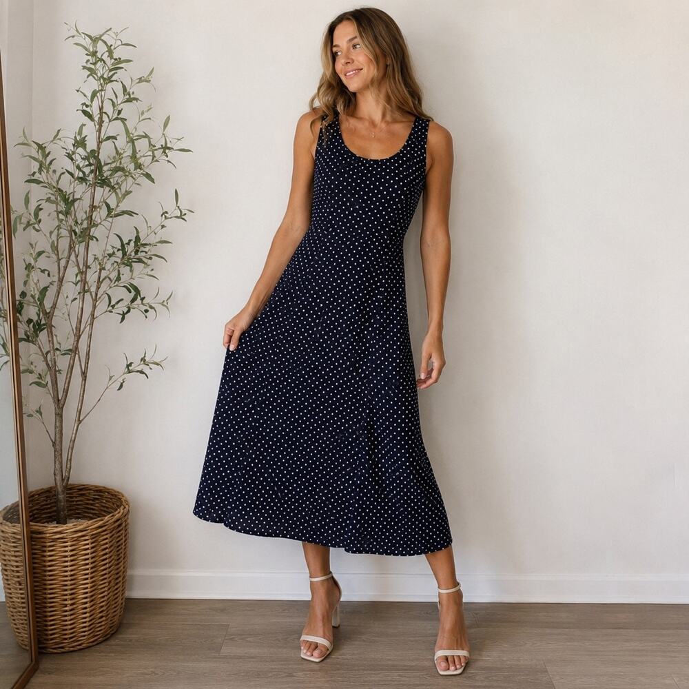Sarah Chapman Polka Dot Midi Dress Navy White Sleeveless Y2K Sz L
